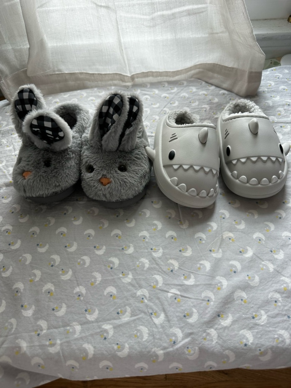 Bundle! Gray Bunny and Shark Kids Slippers Duo - Cute Gray Plush